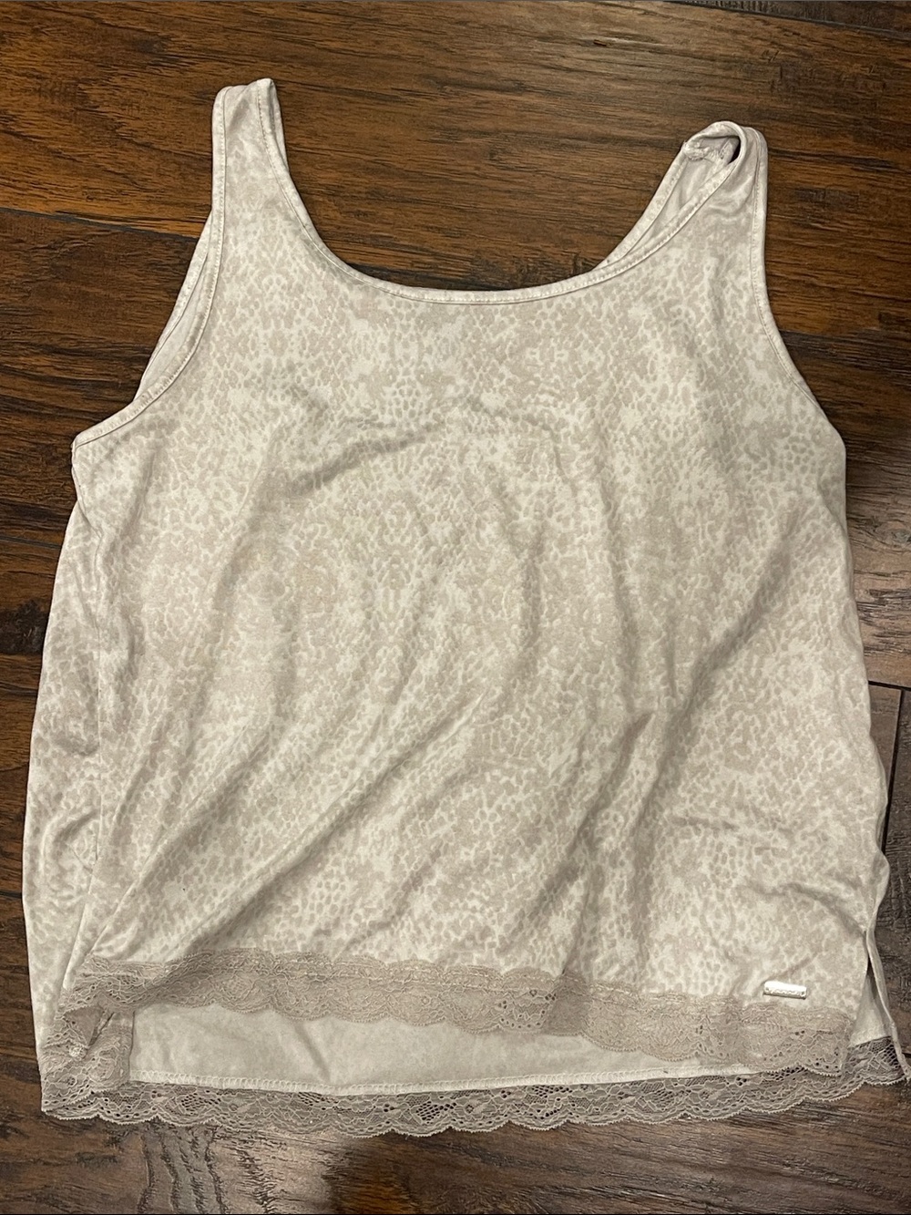Tahari Light Taupe Printed Lace-Hem Tank